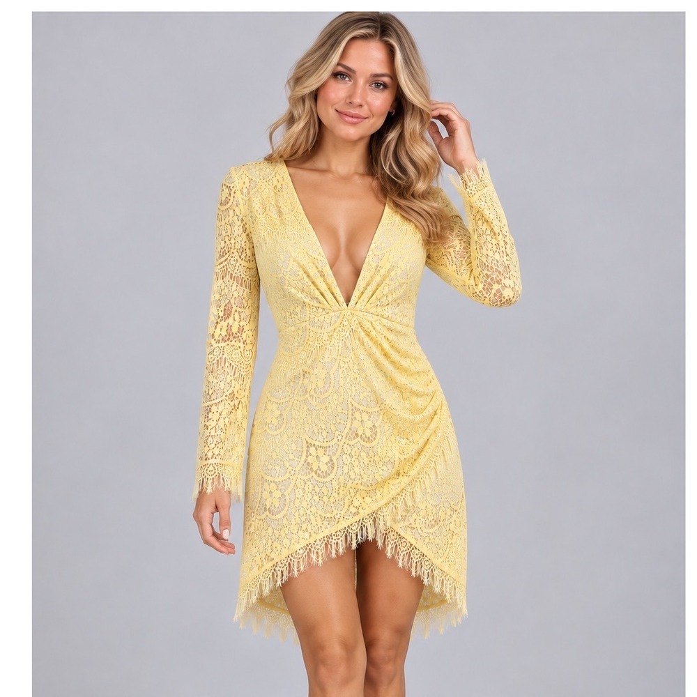 Reverse Australia Yellow Lace Long Sleeve Mini Dress V-Neck Open Back Sz Med NEW